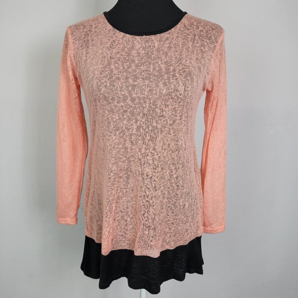 J Mode Orange Black Knit Top Round Neck 3/4 Sleeve Button Back Burnout Stretch S